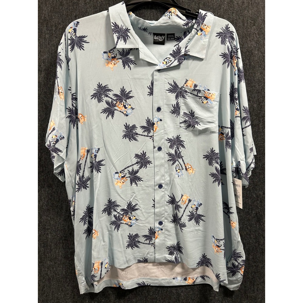 Bluey Button Down Shirt Men 3XL Blue Tropical Palm Tree Bingo Camp Hawaiian